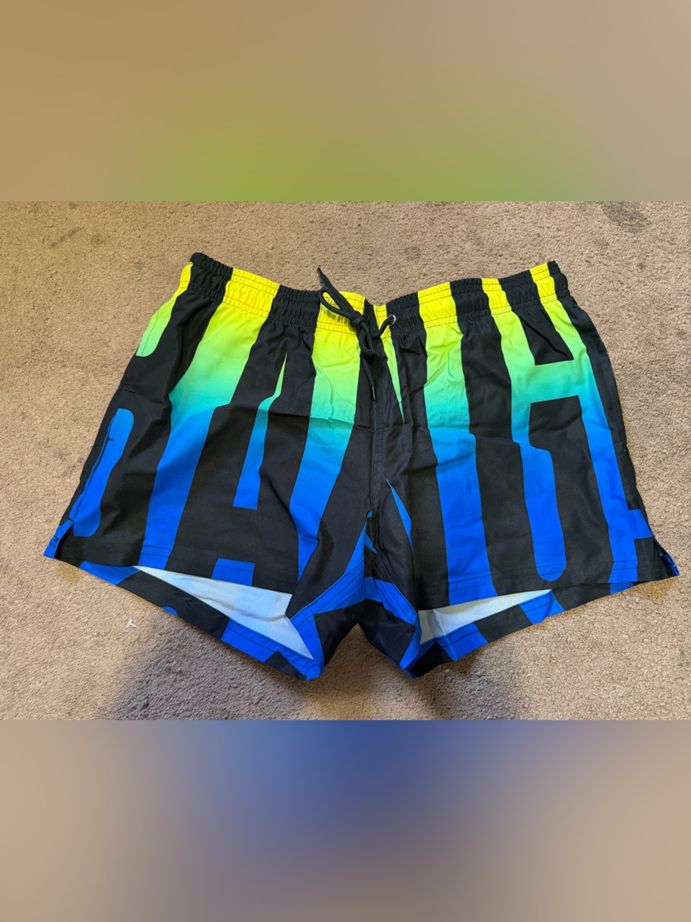 Men's Black Swim Trunks with Blue and Neon Yellow Gradient